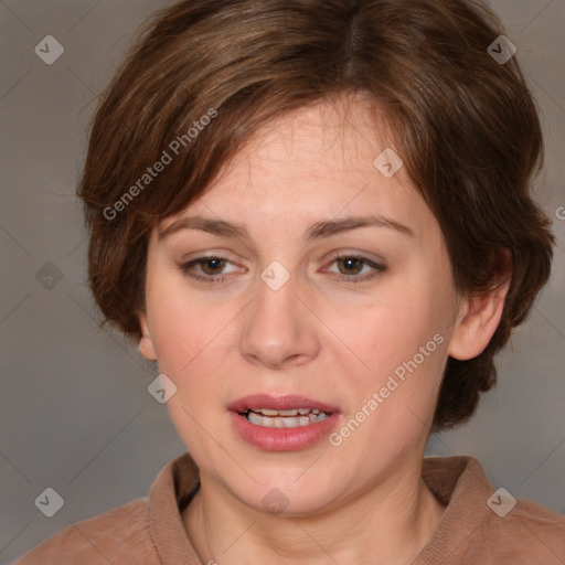 Joyful white young-adult female with medium  brown hair and brown eyes