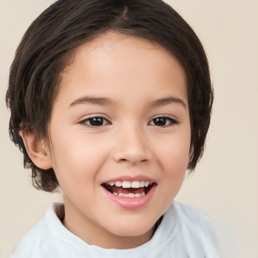 Joyful white child female with medium  brown hair and brown eyes