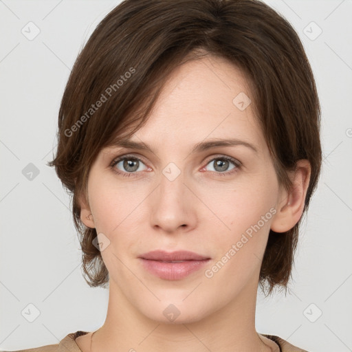 Neutral white young-adult female with medium  brown hair and grey eyes