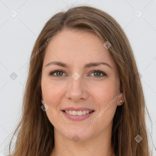 Joyful white young-adult female with long  brown hair and grey eyes