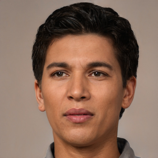 Neutral white young-adult male with short  black hair and brown eyes