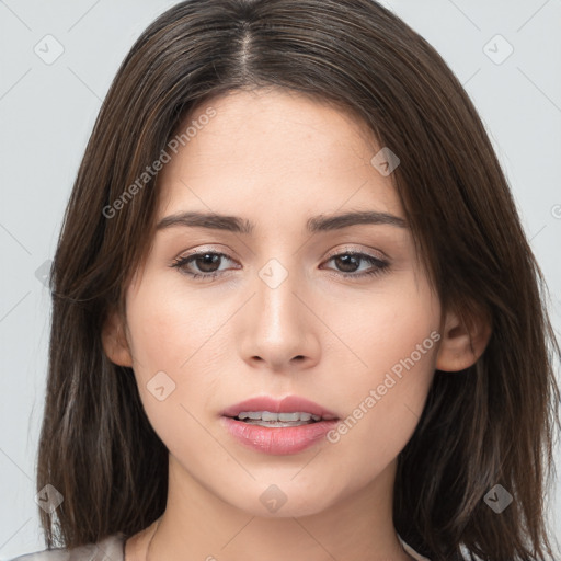 Neutral white young-adult female with long  brown hair and brown eyes