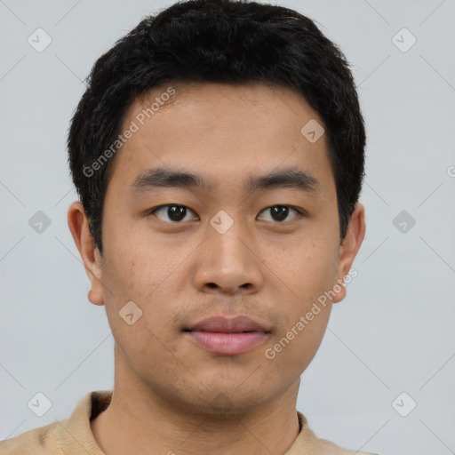 Neutral asian young-adult male with short  brown hair and brown eyes