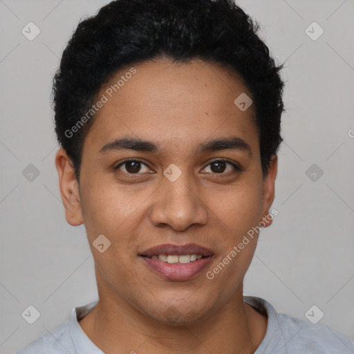 Joyful latino young-adult male with short  brown hair and brown eyes