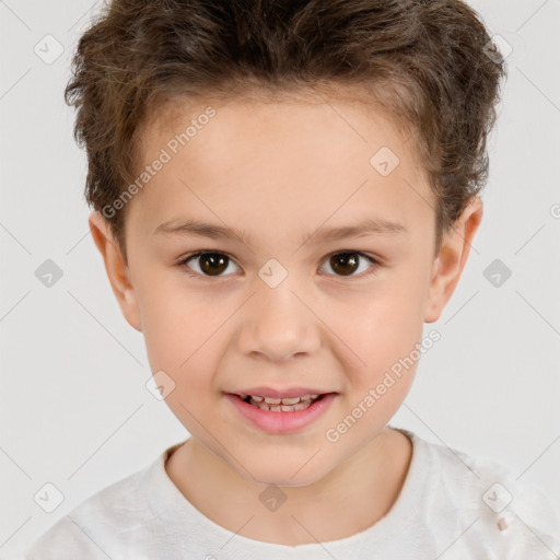 Joyful white child female with short  brown hair and brown eyes