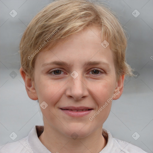 Joyful white young-adult female with short  brown hair and grey eyes