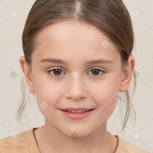 Joyful white child female with medium  brown hair and brown eyes