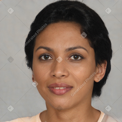 Joyful latino young-adult female with short  black hair and brown eyes