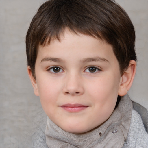 Joyful white child female with short  brown hair and brown eyes