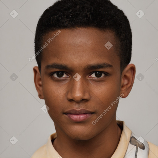 Neutral latino young-adult male with short  brown hair and brown eyes