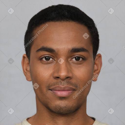 Neutral black young-adult male with short  black hair and brown eyes