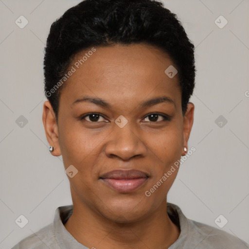 Joyful black young-adult female with short  black hair and brown eyes