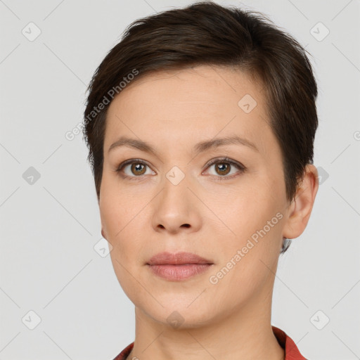 Neutral white young-adult female with short  brown hair and brown eyes