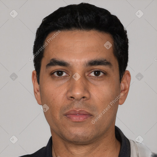 Neutral latino young-adult male with short  black hair and brown eyes