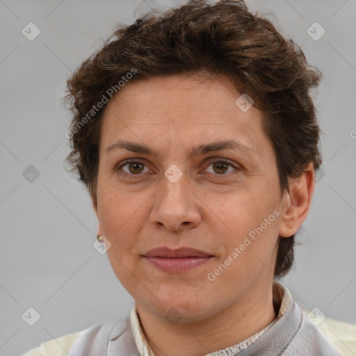 Joyful white adult female with short  brown hair and brown eyes