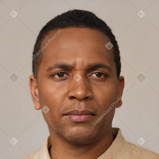 Neutral black adult male with short  black hair and brown eyes