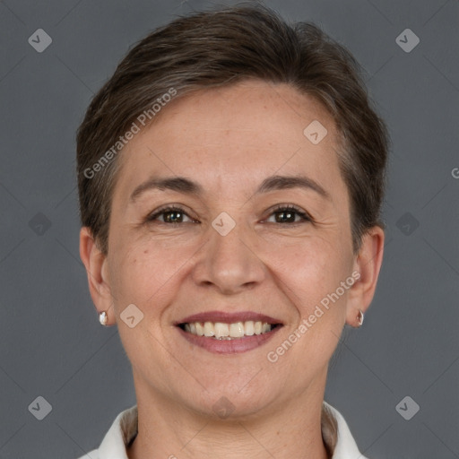 Joyful white adult female with short  brown hair and brown eyes