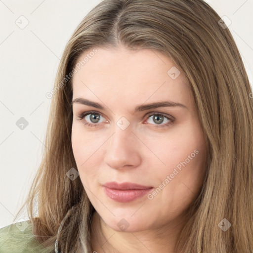 Neutral white young-adult female with long  brown hair and brown eyes