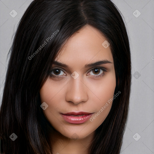 Neutral white young-adult female with long  brown hair and brown eyes