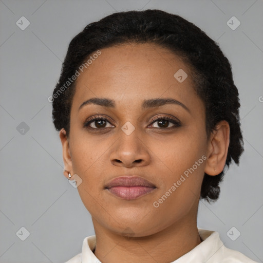 Neutral black young-adult female with short  black hair and brown eyes