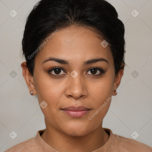 Joyful latino young-adult female with short  brown hair and brown eyes