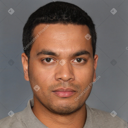 Neutral latino young-adult male with short  black hair and brown eyes