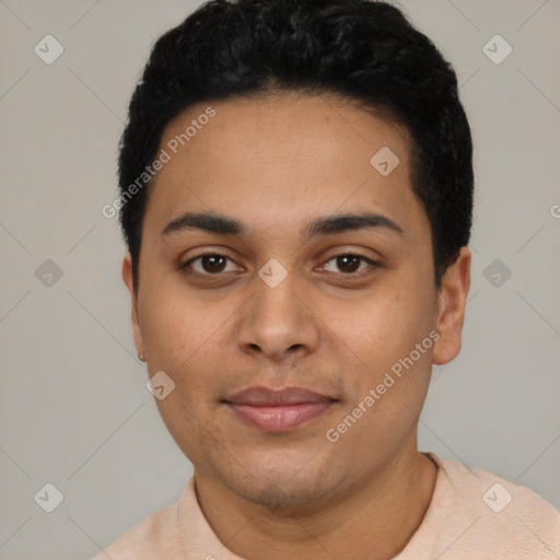 Neutral latino young-adult male with short  black hair and brown eyes