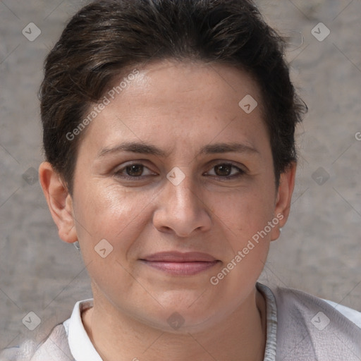 Joyful white adult female with short  brown hair and brown eyes