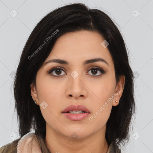 Neutral asian young-adult female with medium  brown hair and brown eyes