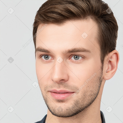 Neutral white young-adult male with short  brown hair and brown eyes