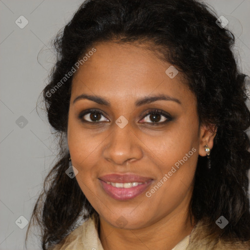 Joyful black young-adult female with medium  brown hair and brown eyes