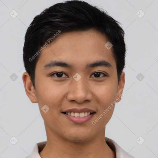 Joyful asian young-adult male with short  black hair and brown eyes