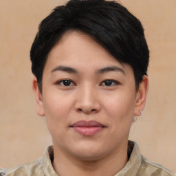 Joyful asian young-adult female with short  black hair and brown eyes