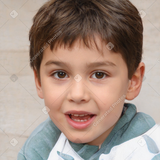 Joyful white child male with short  brown hair and brown eyes