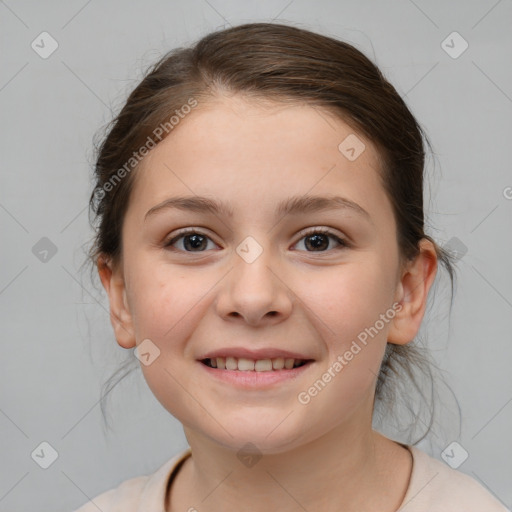 Joyful white child female with medium  brown hair and brown eyes