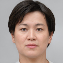 Neutral asian young-adult female with short  brown hair and brown eyes