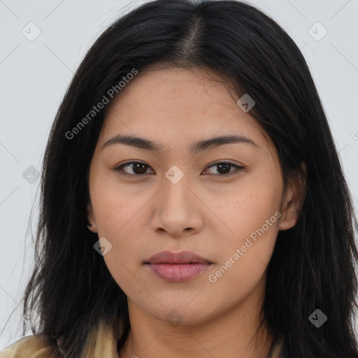 Neutral asian young-adult female with long  brown hair and brown eyes