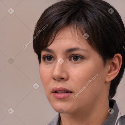 Neutral white young-adult female with medium  brown hair and brown eyes