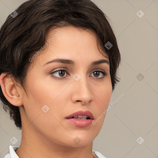 Neutral white young-adult female with short  brown hair and brown eyes