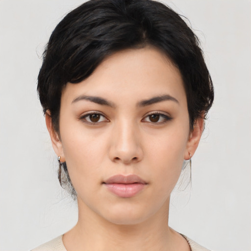 Neutral asian young-adult female with medium  black hair and brown eyes