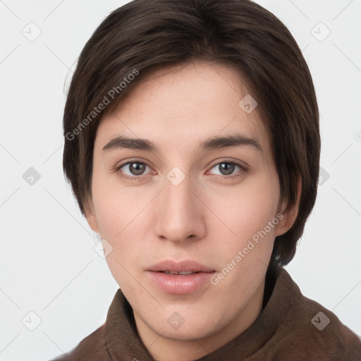 Neutral white young-adult female with short  brown hair and brown eyes