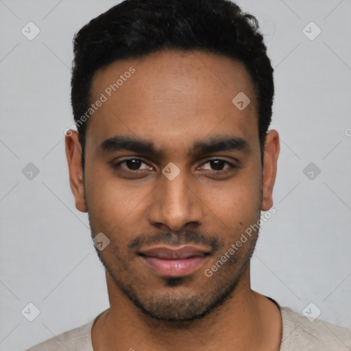 Neutral latino young-adult male with short  black hair and brown eyes