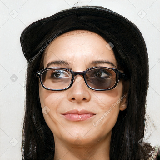 Joyful white young-adult female with long  black hair and brown eyes