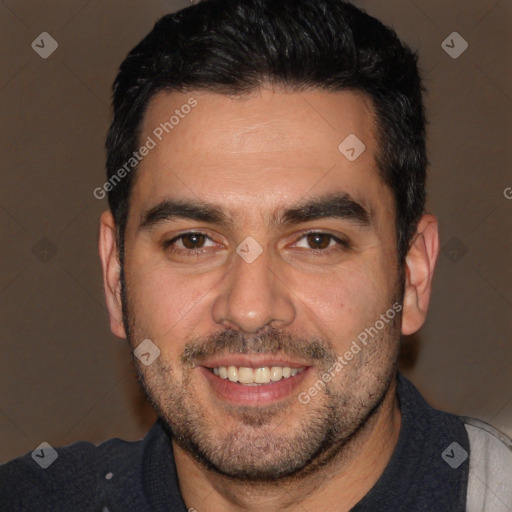 Joyful white young-adult male with short  black hair and brown eyes