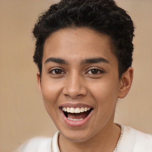 Joyful latino young-adult female with short  brown hair and brown eyes