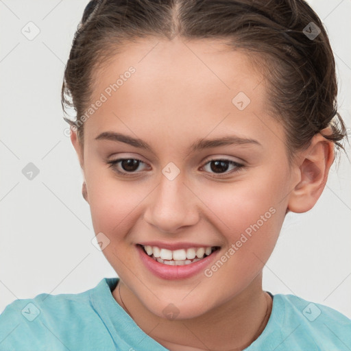 Joyful white child female with short  brown hair and brown eyes