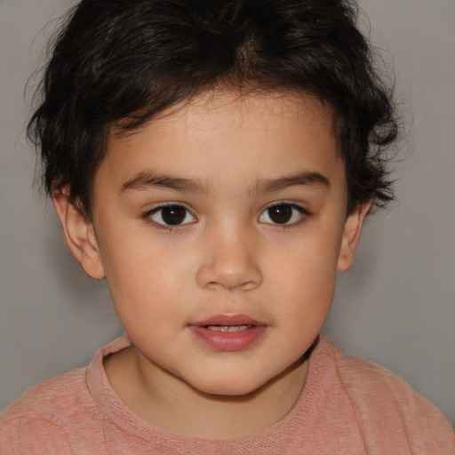 Joyful white child female with short  brown hair and brown eyes