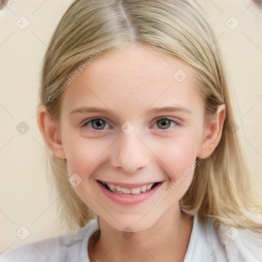 Joyful white child female with medium  brown hair and blue eyes