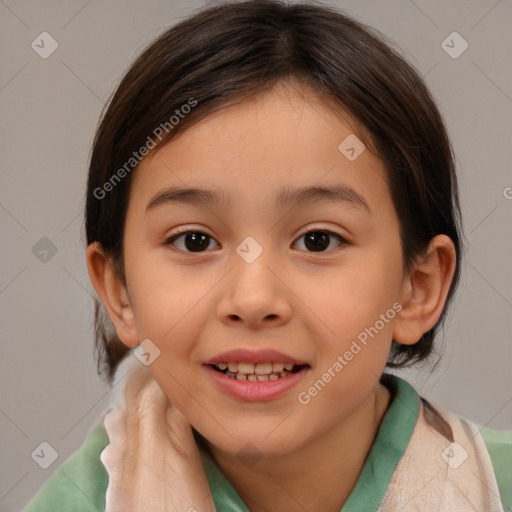 Joyful white child female with medium  brown hair and brown eyes