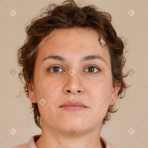 Neutral white young-adult female with medium  brown hair and brown eyes